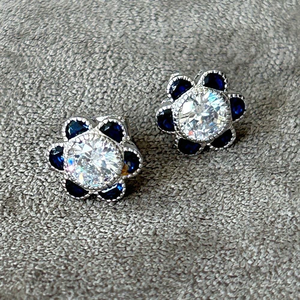 Blue and Clear CZ Flower Stud Earrings
